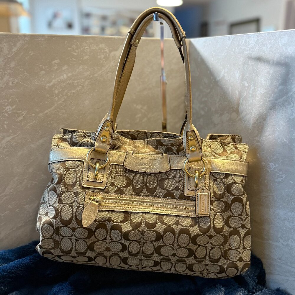 Coach Metallic Rose Gold Khaki Signature Penelope Leather Duffle Hobo Handbag
